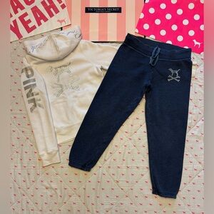 VS PINK VINTAGE Y2K SET HOODIE SWEATPANTS BLING CROSSBONES ROCK ROYALTY DOG PUP